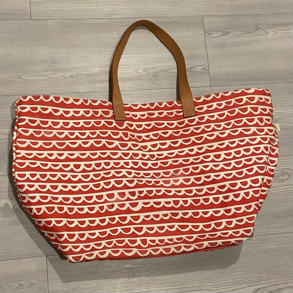See Design Canvas Overnighter Tote Bag Orange White w/Natural Leather Handles